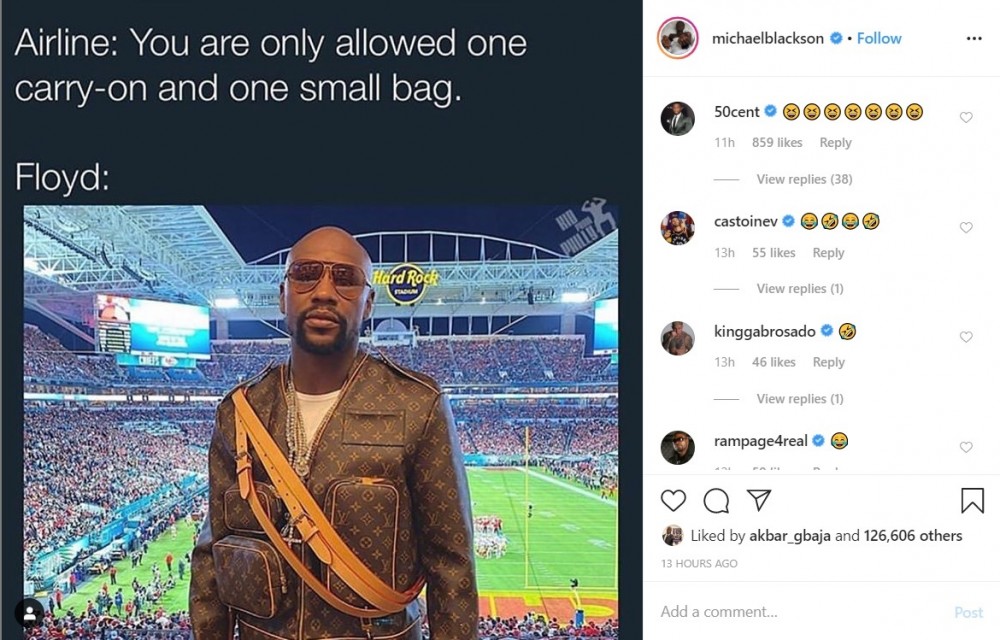 50 Cent & Michael Blackson Get A Laugh Out Of Floyd Mayweather's Superbowl Outfit