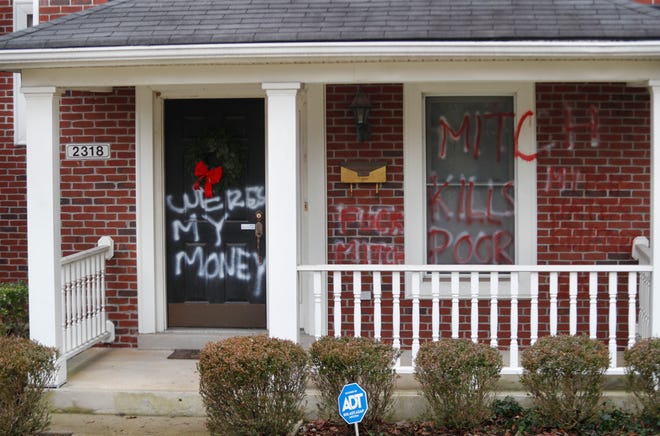 Mitch McConnell’s Home Vandalized, “Where’s My Money” Tagged On Front Door